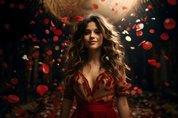 Naklejka premium Young brunette woman posing with red roses petals confetti at dark background. Valentines day, birthday or party, holiday celebration concept.