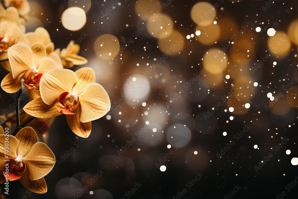 Aufkleber vibrant yellow orchid on captivating bokeh background with ample text placement space.