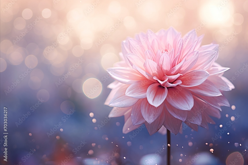 Poster pink dahlia flower on isolated magical bokeh background with copy space for text placement