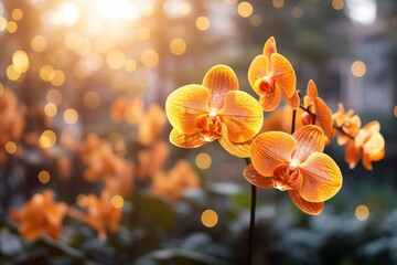 Vibrant yellow orchid on isolated bokeh background with generous copy space for text placement.