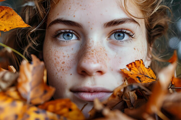 woman in autumn leaves