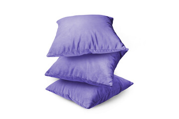 Stack of purple pillows isolated on white, transparent background, PNG. Pile of  decorative cushions for sleeping and resting, home interior, house decor.