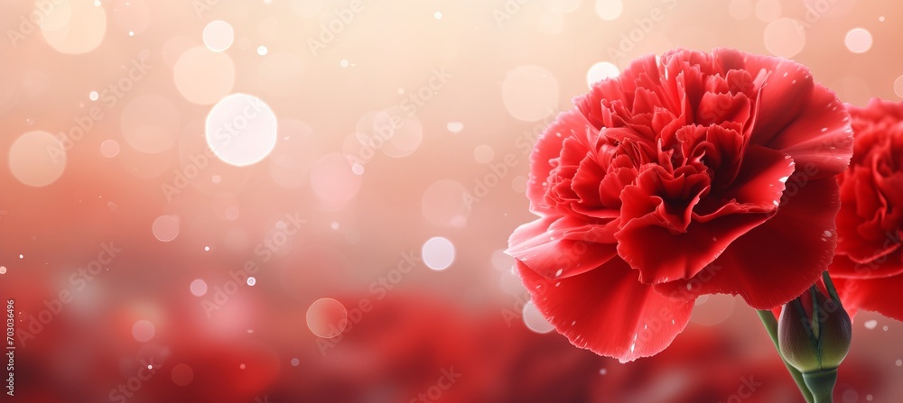 Poster red carnation on isolated magical bokeh background with copy space for text placement