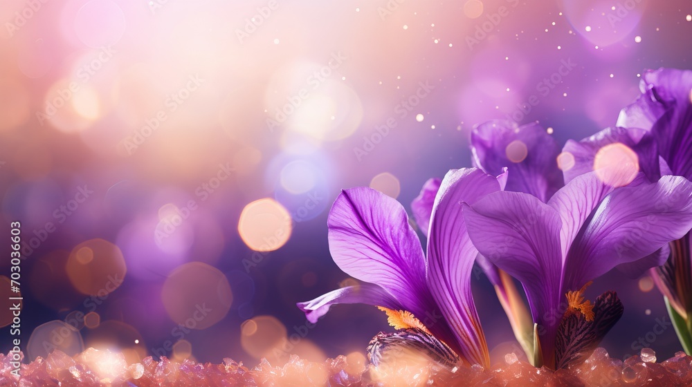 Poster beautiful purple iris flower on isolated magical bokeh background with copy space for text placement