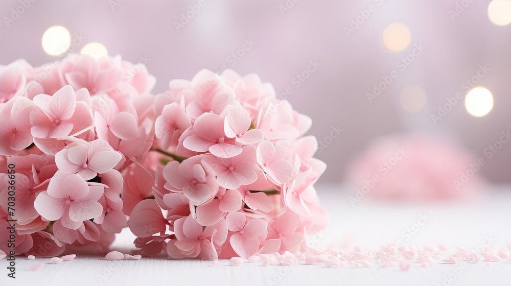 Poster pink hydrangea on isolated magical bokeh background with copy space for text placement