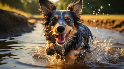 A playful dog runs through the water in the forest. Pets, a dog. Walking with the dog. 