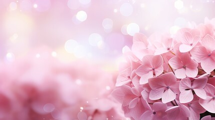 Pink hydrangea blossom on isolated magical bokeh background with copy space for text placement - obrazy, fototapety, plakaty