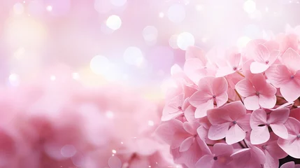 Fotobehang Pink hydrangea blossom on isolated magical bokeh background with copy space for text placement © Ilja