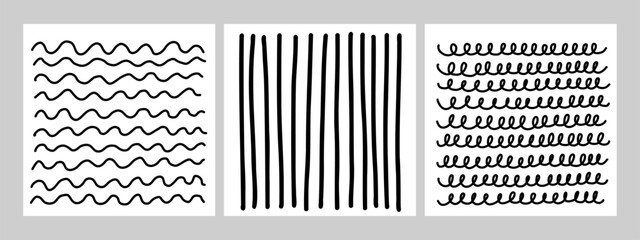 Hand drawn line texture set. Vector scribble, horizontal and wave strokes collection. Doodle shapes. Trendy illustration. Graphic vector freehand textures set. Ink lines isolated on a white background