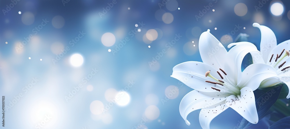 Poster Elegant white lily positioned on enchanting bokeh background with ample space for text placement