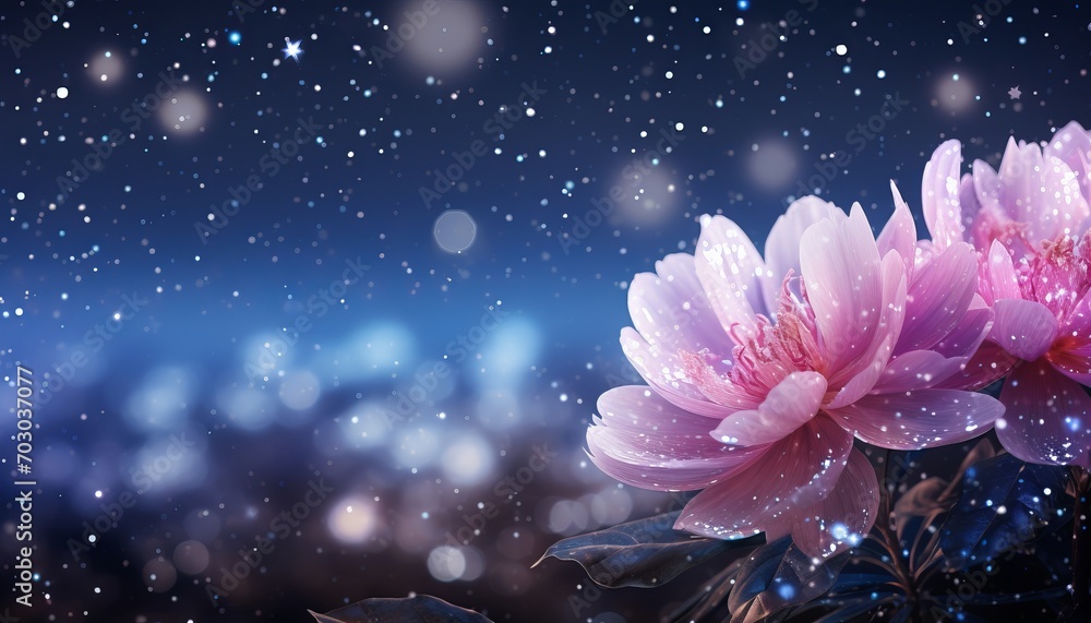 Poster pink peony flower with magical bokeh background and spacious copy space for text placement