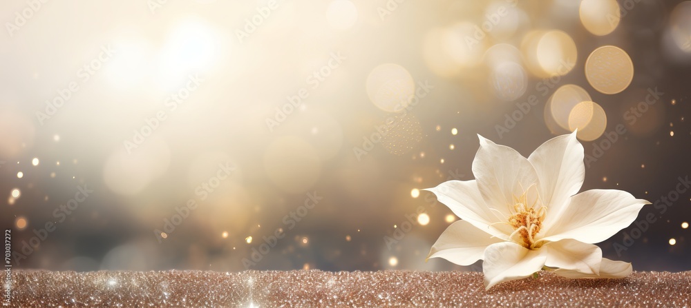 Poster graceful white poinsettia flower on enchanting bokeh background with left side copy space for text