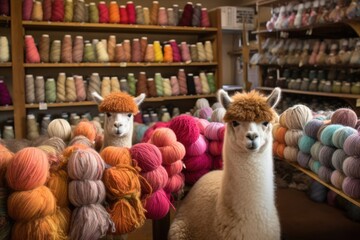 Alpaca in a shop with colored yarn of alpaca wool - obrazy, fototapety, plakaty