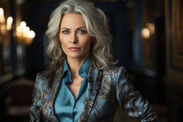 Fototapeta premium Portrait of a 45 year old businesswoman in a tailored suit looking confidently at the camera