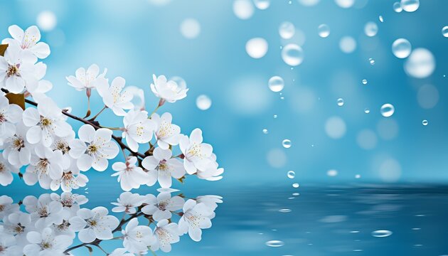 White cherry blossom tree with magical bokeh background and spacious copy space on the left side