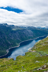 Naklejka na ściany i meble Amazing landscape of the Ringedalsvatnet Lake, Trolltunga hike, Norway