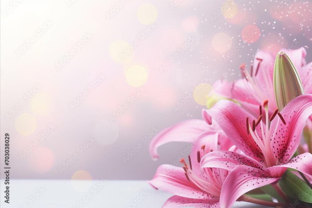 Poster pink lily on right side against magical bokeh background with two thirds copy space on left for text