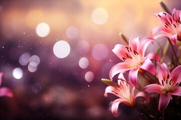 Beautiful pink lily on isolated magical bokeh background with copy space for text placement