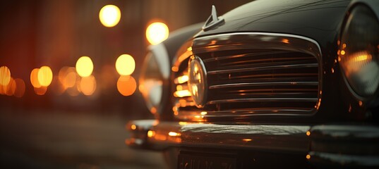 Vintage car headlights with stunning sunset bokeh, creating enchanting nostalgic ambiance