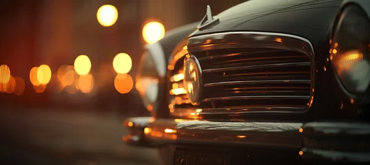 Foto op Plexiglas Vintage car headlights with stunning sunset bokeh, creating enchanting nostalgic ambiance © Ilja