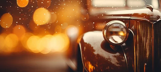 Fotobehang Vintage car headlights with beautiful blurred bokeh effect of colorful sunset in the background © Ilja