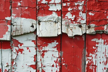 Flaking rustic barn paint texture in red and white.