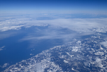 View of Hokkaido from airplane in winter