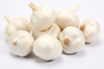 Fresh garlic bulbs on white backdrop for captivating ads and packaging designs that grab attention