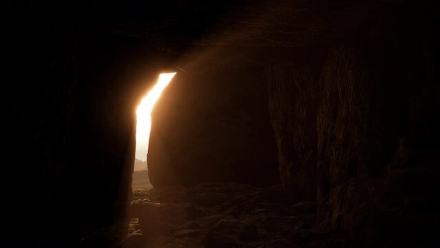 A stone opening a dark tomb and showing a holy cross on the horizon. Easter background 