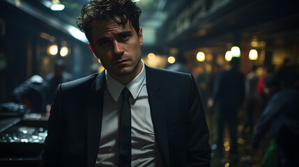 Fototapeta premium A male businessman wearing a suit sits stressed because he lost his job. A young businessman is poor and has no money.