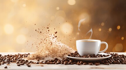 Artistic white coffee cup with splashes, beans, and copy space on beige gradient background