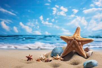 starfish on the beach Starfish on summer sunny beach at ocean background. Travel, vacation concepts