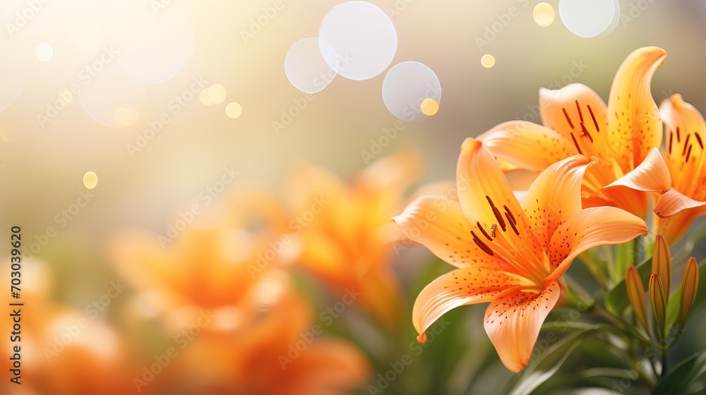 Poster vibrant orange lily on right with magical bokeh background and two thirds copy space on left