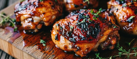 Sweet honey glazed grilled chicken thighs and drumsticks.