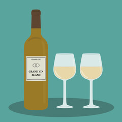 白ワイン　ボトルとグラスのイラスト