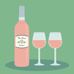 ロゼワイン　ボトルとグラスのイラスト