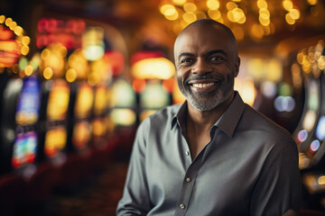 Fototapeta premium Happy black man at casino slot machines enjoying nightlife lifestyle