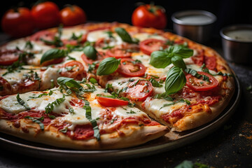 Homemade Margherita Pizza with Fresh Basil, close up