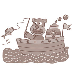 happy bear fishing on a ship