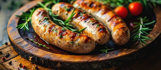 Grilled sausages on a slab