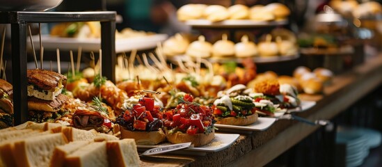 Restaurant offers assortment of canapes, sandwiches, and snacks at holiday buffet. - obrazy, fototapety, plakaty