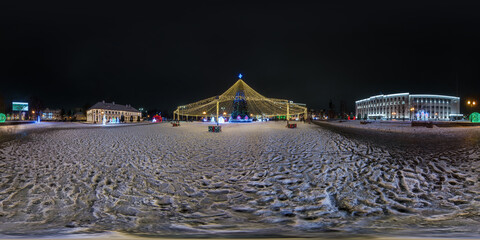 night full 360 panorama on square with Christmas tree with illumination in form of tent on new Year...
