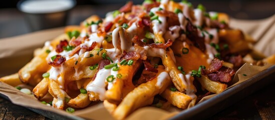 Loaded French fries with bacon, cheese sauce, and spring onion. - obrazy, fototapety, plakaty