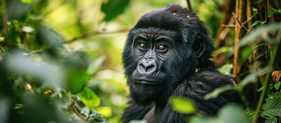 Obraz premium Young mountain gorilla in the forest, facing camera with expressive gaze
