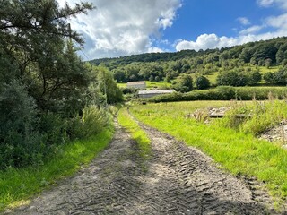 Dirt road, leading past fields, and trees, toward farm buildings, with forests and hills, in the far distance near, Keighley, UK