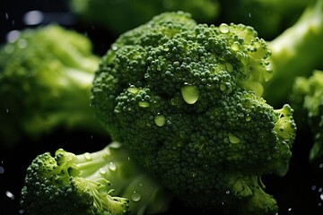 Broccoli close up. Macro photo green fresh vegetable broccoli. Fresh green broccoli on a black stone table.Broccoli vegetable is full of vitamin.Vegetables for diet and healthy eating.Organic food.