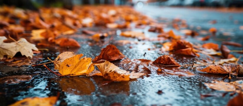 Fall leaves cover wet pavement during autumn rain.