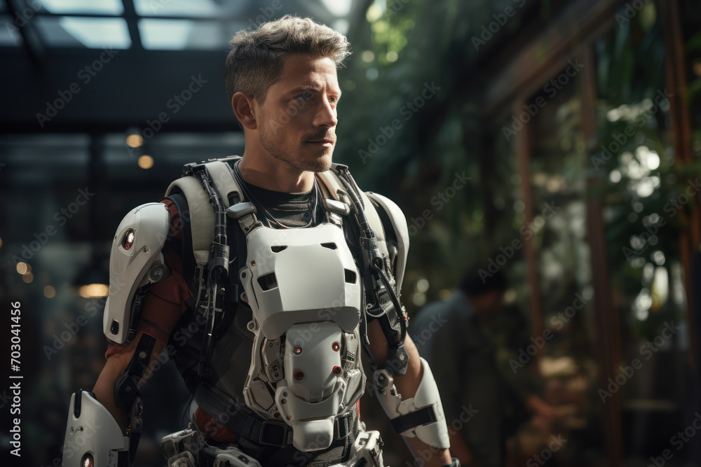Poster a person utilizing advanced exoskeleton technology for enhanced strength and mobility. concept of bi