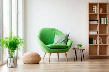 In a modern interior, a white-walled space boasts a wooden floor, an accent chair with a green cushion, and scattered books artfully arranged on the floor.