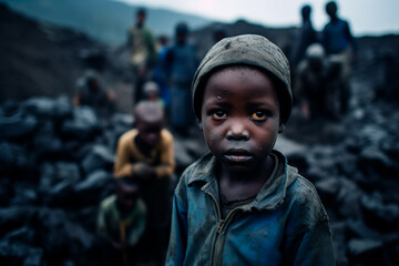 concept of poor African people suffer by extracting useful minerals in inhumane conditions. Cobalt mining in the Congo. Silent genocide in the Congo. poor people in africa - obrazy, fototapety, plakaty